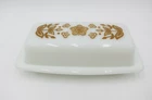 VINTAGE MCM RETRO PYREX BUTTERFLY GOLD BUTTER DISH COVERED MILK GLASS