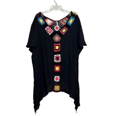 India Boutique Crochet Granny Square Womens One Size Black Boho Swimsuit Cover