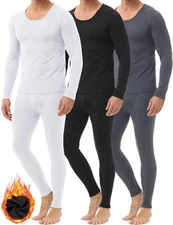 Mens Thermal Long Johns 3-Pack Fleece Lined Base Layer Set - Cold Weather