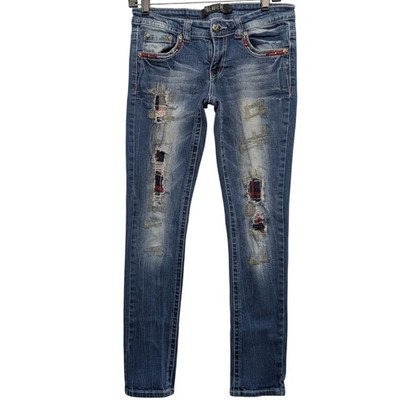 Premiere by rue21 Skinny Jeans Women 5/6R Blue Distressed Plaid Patches