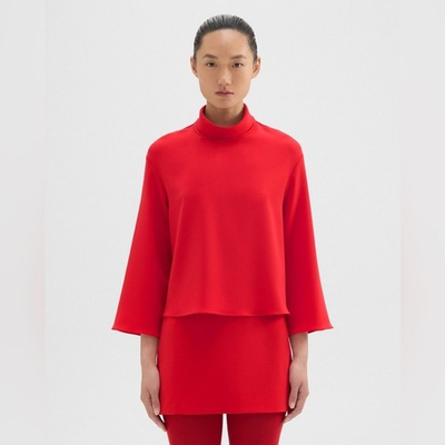 #ad $295 Theory Geranium Red Roll Neck Luxury Chic Admiral Crepe Blouse Top Small S $103.54