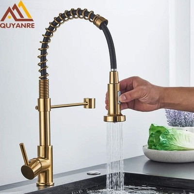 Brushed Gold Kitchen Faucet Pull Down 2-way Spray Single Handle Hot Cold Water M