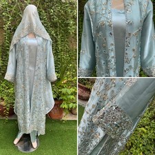 Pakistani Ice Blue silk long Gown shirt Style Embroidered Sequins Dress,XL