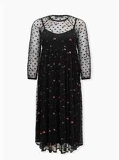 Torrid Embroidered Floral Mesh Tea Length Skater Dress Black 0X L 12 #19372