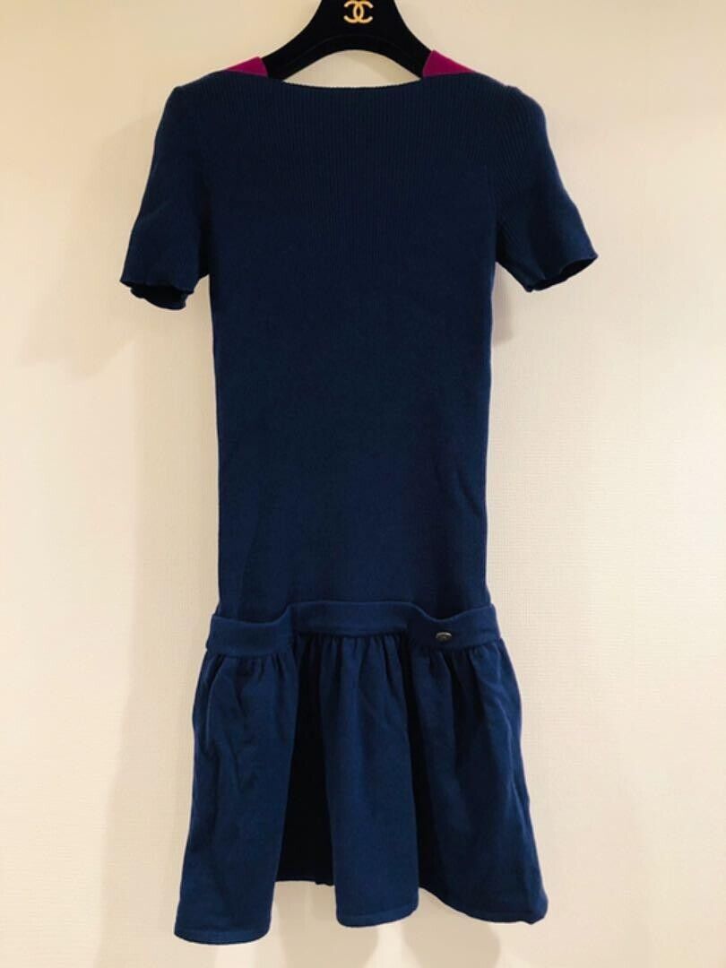 CHANEL Rib Knit Frill Dress Women Size 36 Navy Fu… - image 1