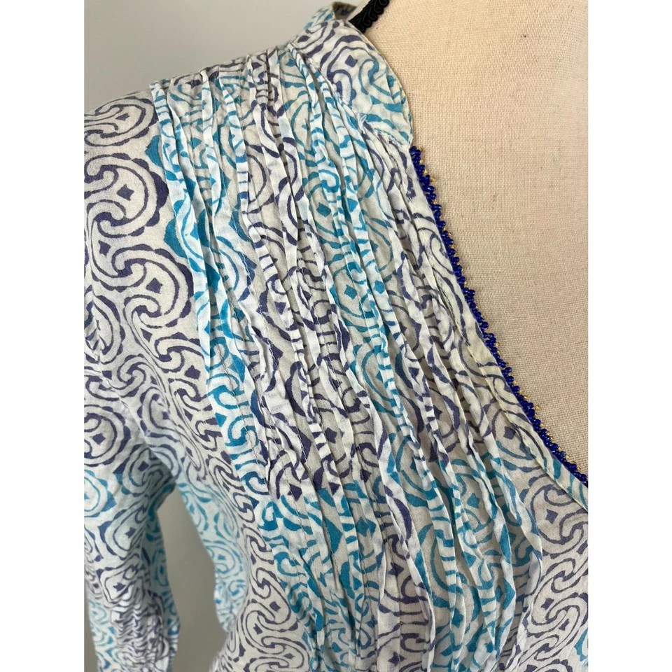 Roberta Roller Rabbit Geometric Blue Beaded Blouse V Neck 3/4 Sleeve Women's S - Image 3 of 4