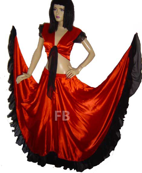 Falda Desigher Roja y Negra + Top Flamenca Volantes Disfraz Gitano Jupe Bata Tribal