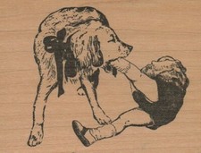Dog Holding Child's Leg 3 1/4 x 2 1/2" Rubber Stamp, Dog and Kid Stamp