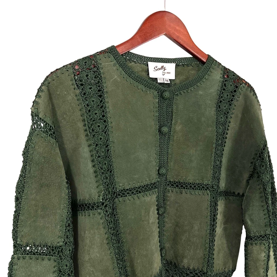 Camisa Top Chaqueta Top Western Rodeo Scully Mujer Talla 10 Cuero Gamuza Verde Crochet Foto 3 de 4