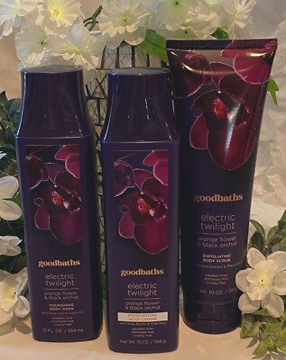 3Pc SET Goodbaths ELECTRIC TWILIGHT Blk Orchid Patchouli Body Wash, Scrub,Lotion