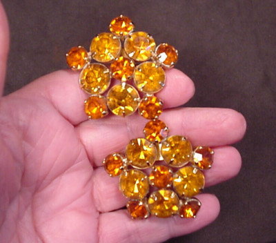 Pierre Balmain Paris Vintage Clip On Earrings Orange Amber Rhinestones