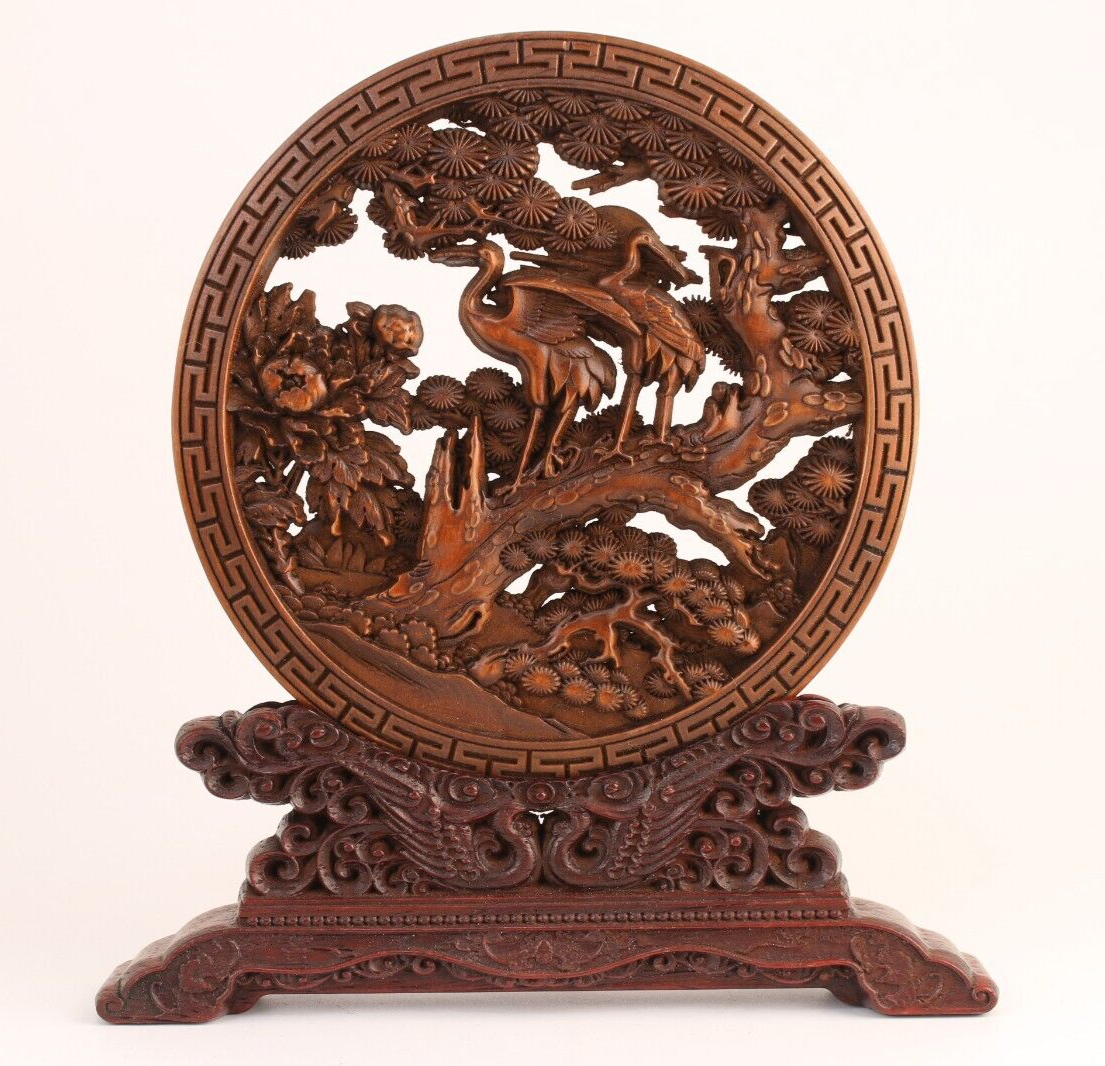 Chinese boxwood hand carving crane pine Figure statue netsuke