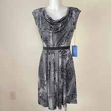Simply Vera Wang Drapeneck Crepe Dress GRAY Floral Brushstroke Lace trim sz XS