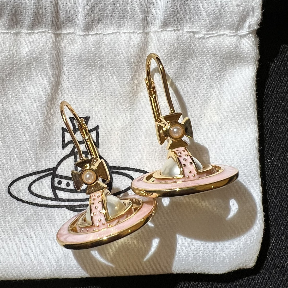 Vivienne Westwood Pink Mother Pearl 3D orb Saturn earrings
