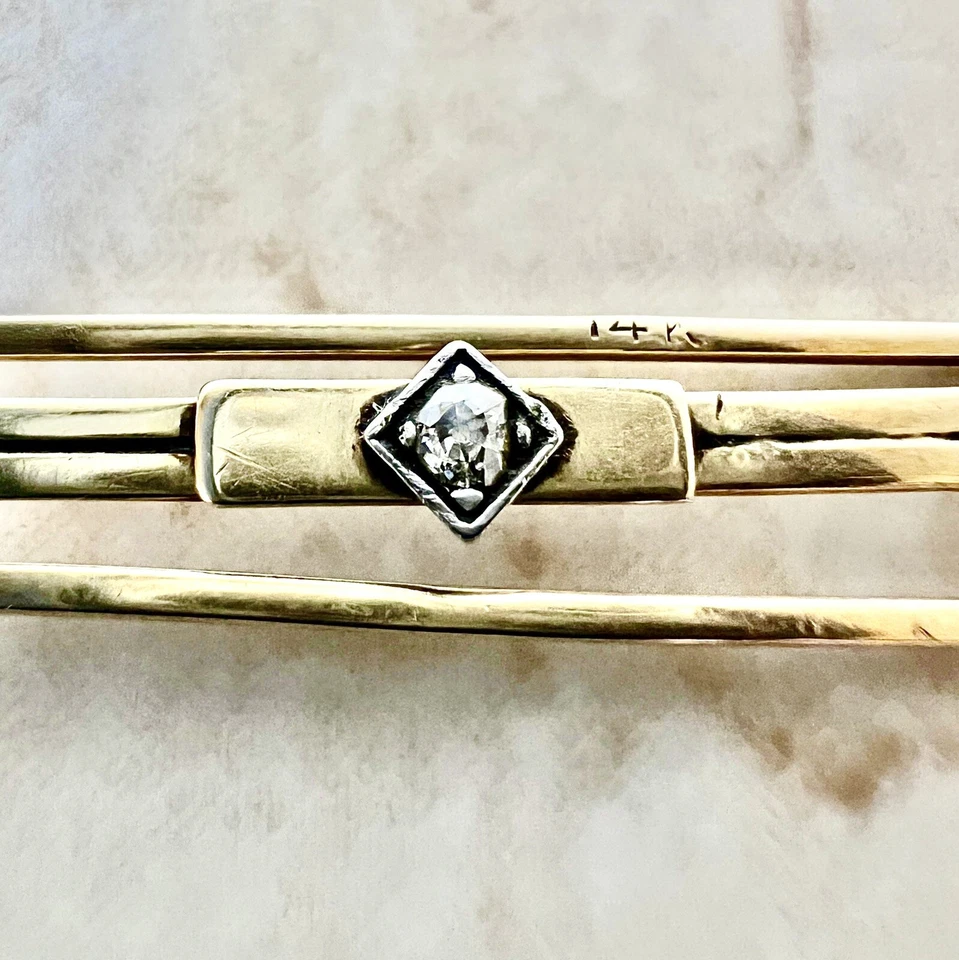 Clip de corbata antiguo 14K - Barra de corbata de diamante - Clip de corbata de oro amarillo - Barra de corbata de oro Foto 2 de 4