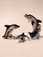 Vintage Porcelain Dolphins Small Aquatic Sea Life 3 Figurine Set - Mid-Century