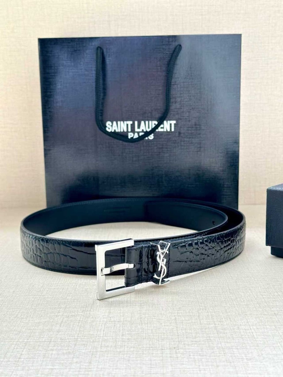 Yves Saint Laurent Silver YSL Logo Genuine Black Calfskin Women's