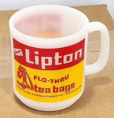Vintage Advertising White Glass Mug Cup Lipton Flo-Thru Tea Bags
