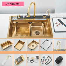 304 Stainless Steel Kitchen Sink with Digital Display Waterfall Faucet, Multifun