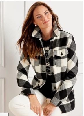 Talbots Womens 1X Belle Check Lined Jacket Black/White Shacket Wool Blend Chic