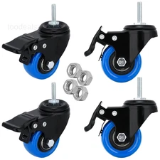 2 inch Stem Caster Wheels with Safety Dual Locking Heavy Duty Threaded Blue 