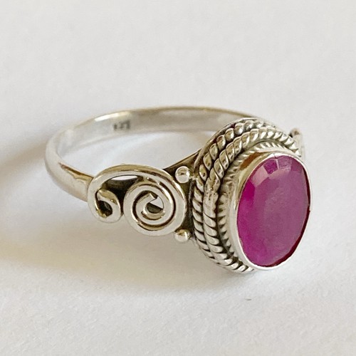 Sterling 925 Silver Pink Cut Ruby Oval Cut Stone Boho Ethnic Ring Size L 52 - Picture 2 of 6