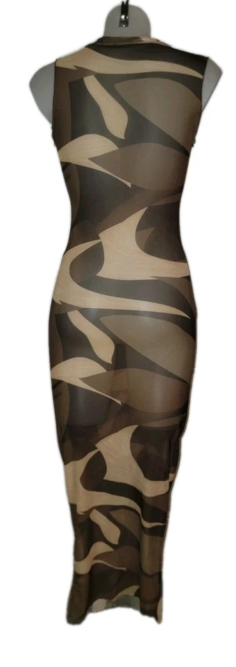 Vestido de encubrimiento ceñido al cuerpo transparente de malla geométrica marrón talla S de colección mate para mujer Foto 3 de 4