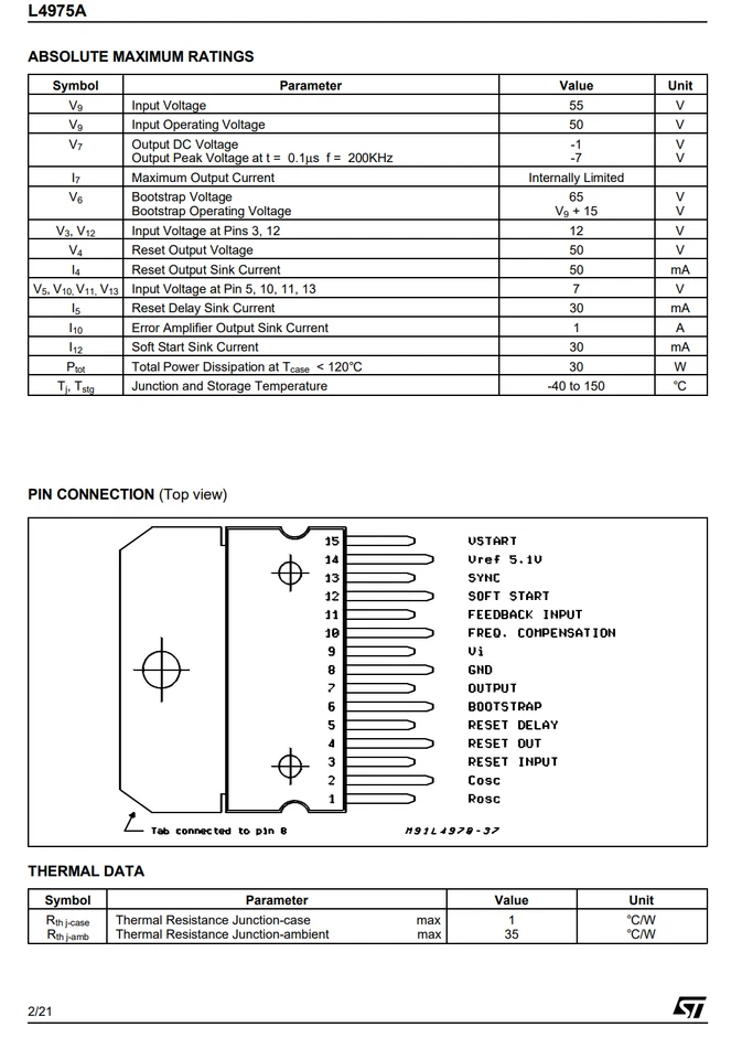 L4975A ST 5A Step-Down Switching Regulator 5-40V Multiwatt-15 Buck Through-Hole - Image 2 of 4