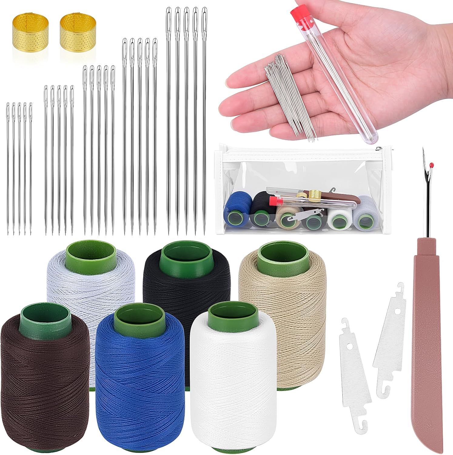 Homgaty Stainless Steel Sewing Needles Set - Large Eye Needle Kit with Thread, T