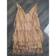 Womens szL Sparkly Sequin Fringe Flapper Dress Gold V Neck Sleeveless Party Nude