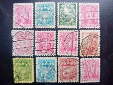 Latvia stamps (12 pcs), from 1930ies, used. Laubere, Liksna, Bilstini, Bramberge