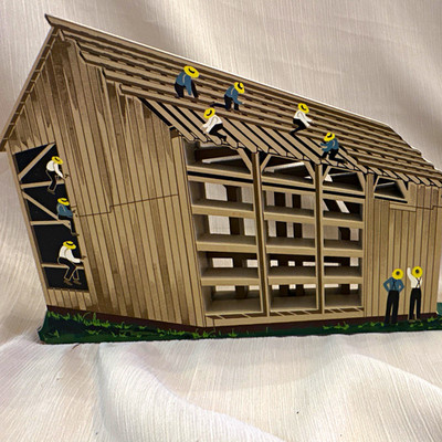 Sheila's Amish Barn-Raising 3D Wooden Wall Mounted Plaque Sign AMS09