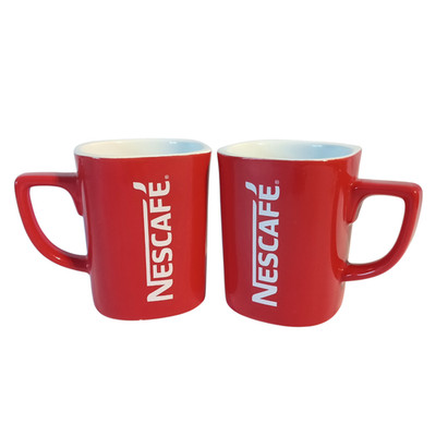 Red Nescafe Square Ceramic Coffee Mugs 4'' Set of 2  12 Oz
