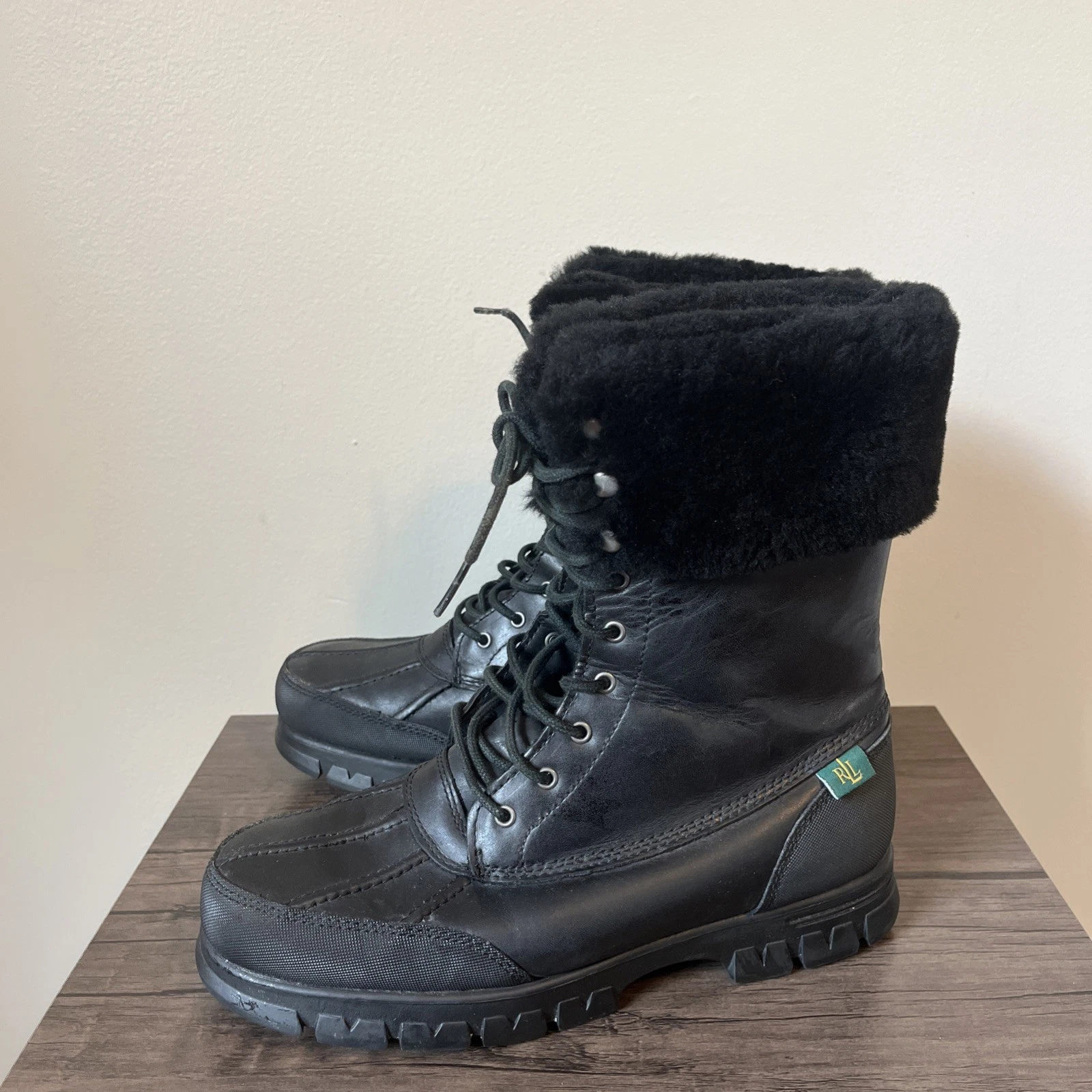 Lauren Ralph Lauren Quinta Leather Boots Women's Dyed Sheep Fur Collar Size 8.5B