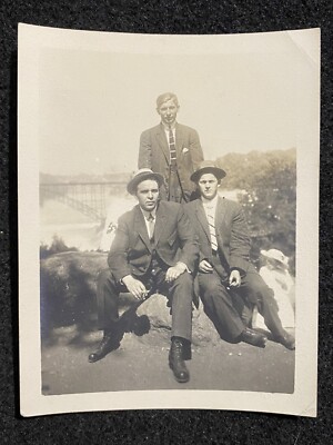 Niagara Falls New York NY Men And Bridge Waterfall Antique Snapshot Photo