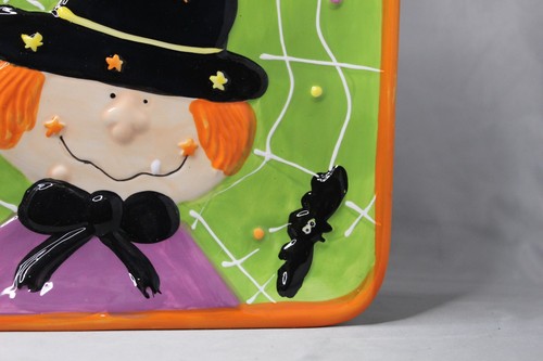 Halloween Witch Happy Spider Web Fledermäuse Teller Keramik Studio 33 Quadrat 9,5 Zoll - Bild 5 von 9