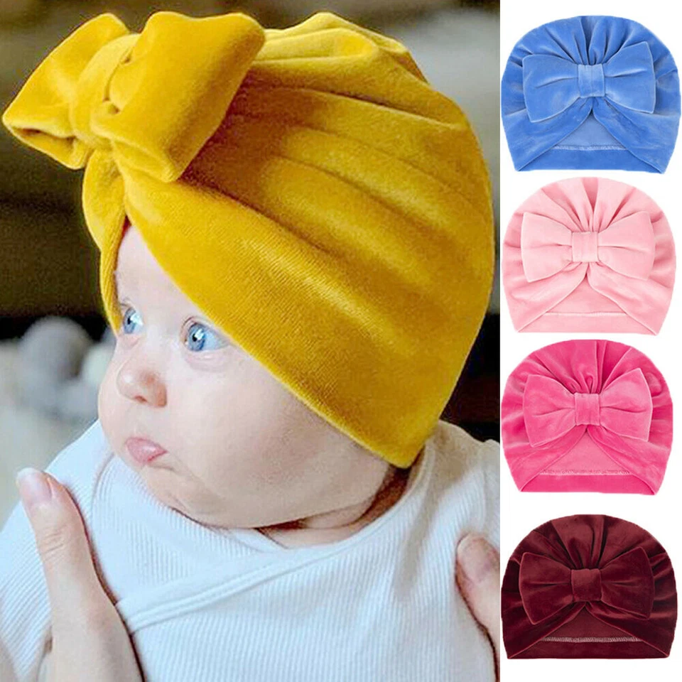 Sombrero de bebé recién nacido con lazo bebé niña gorro gorra terciopelo elástico niño turbante Foto 3 de 4