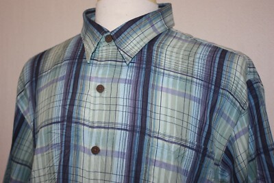 Tommy Bahama Blue Plaid Floral Background 100% Silk Hawaiian Camp Shirt Sz XXL 
