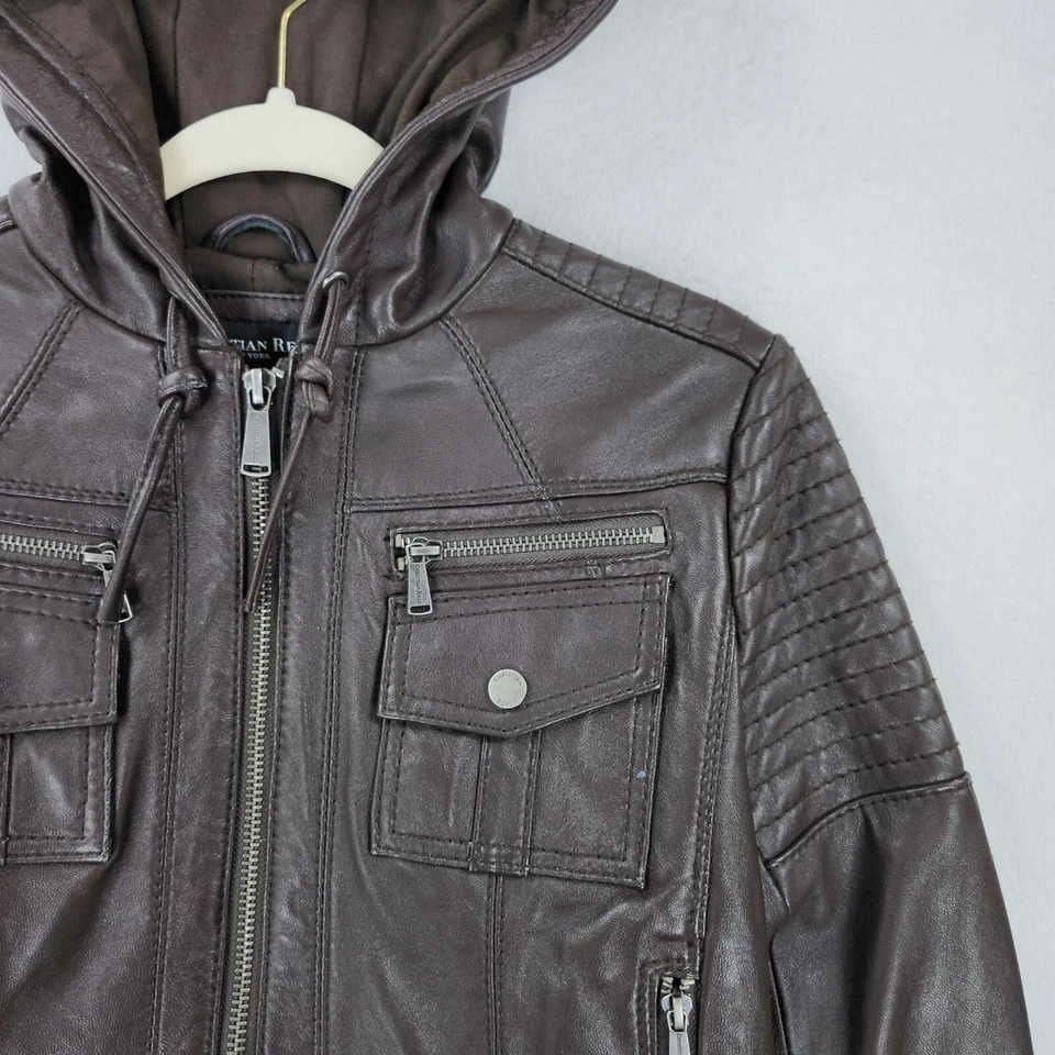 Christian Reed Jacket Womens Medium Brown Supple Leather Hooded Moto Casual - Image 2 of 4