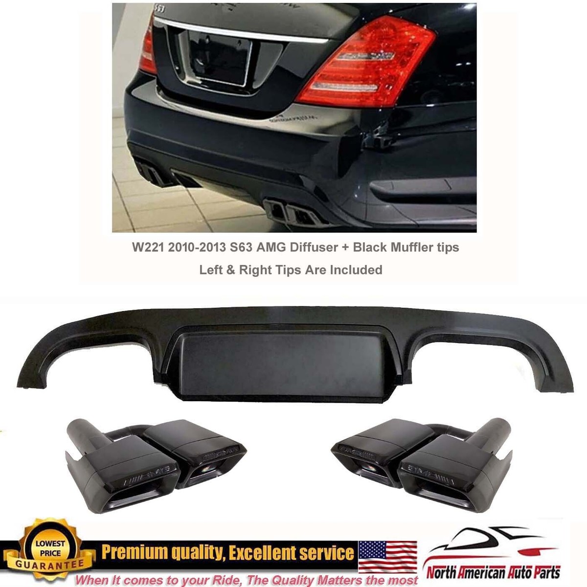 2010 2011 2012 2013 Benz S63 Bumper Diffuser + Black Muffler Tips 