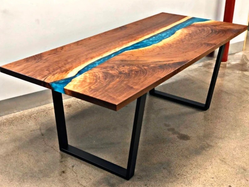 60x30 Blue River Epoxy Dining Table with Walnut Wood Base-image