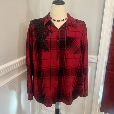 Westport Women s Plaid Shirt 1X Red Black Long Sleeve Button Pocket Goth Grunge