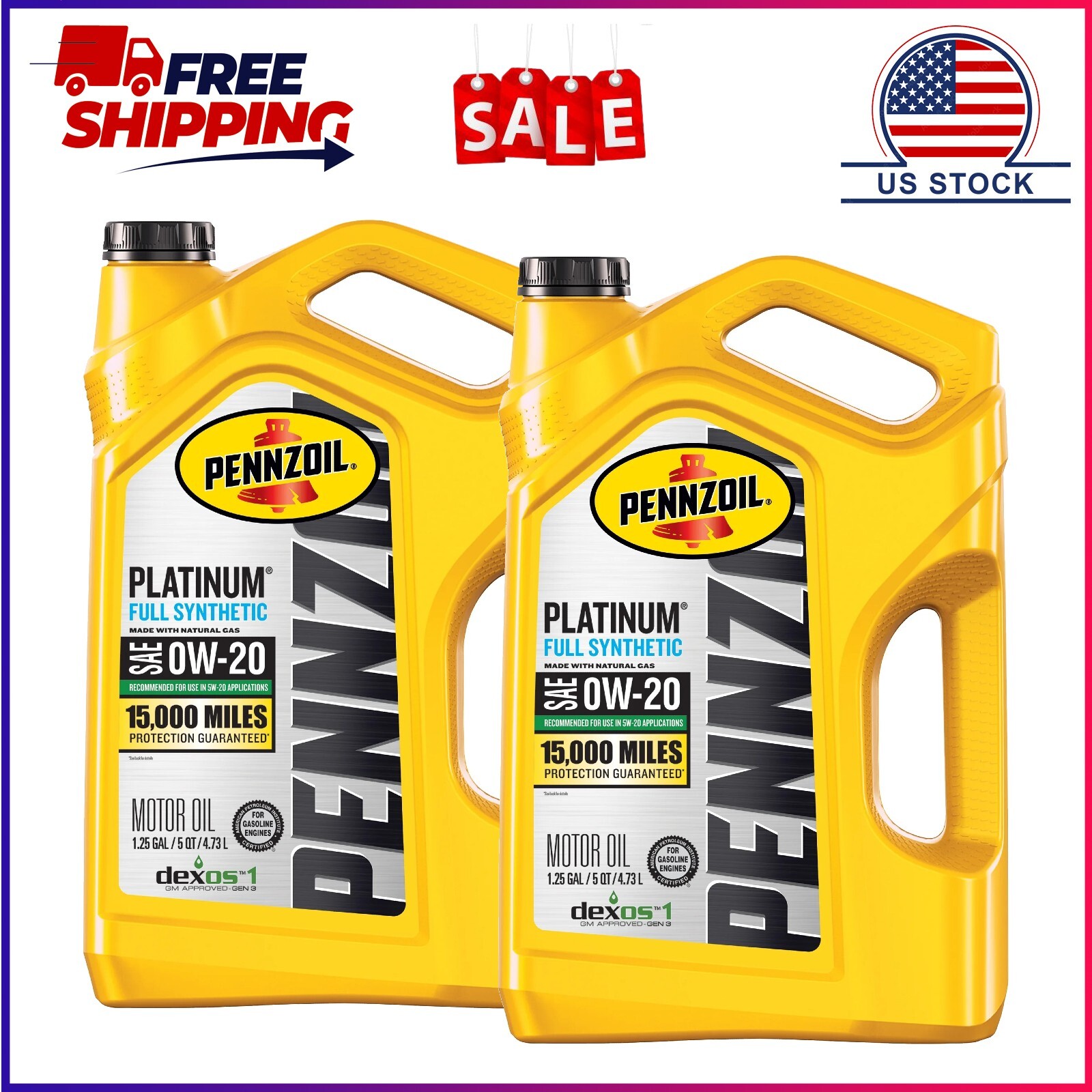2 Pack, Pennzoil Platinum Full Synthetic 0W-20 Motor Oil, 5 Quart