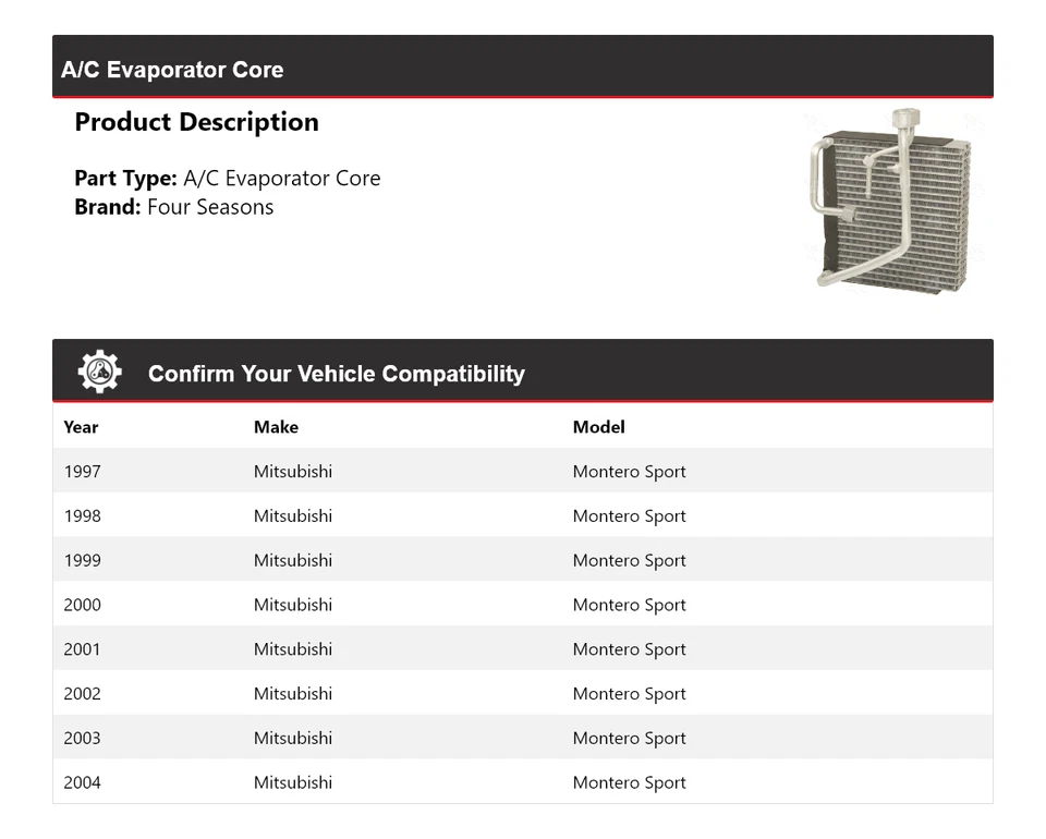 Núcleo evaporador aire acondicionado deportivo Mitsubishi Montero 1997-2004 4 estaciones 1998 1999 Foto 2 de 4
