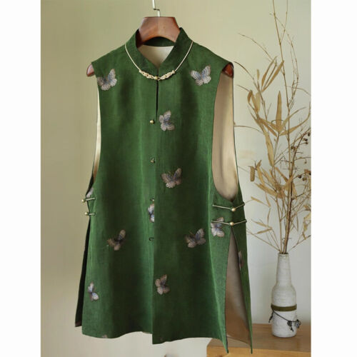 Chinese-style Top Green Vest Women's Spring Crew Neck Retro Printed Gilet Jacket