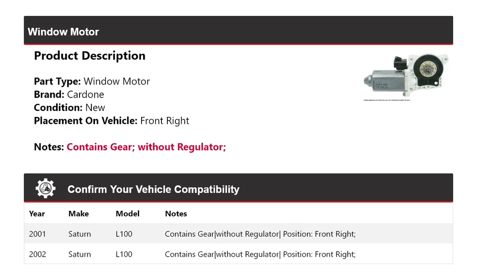 Motor ventana delantero derecho cardone Saturn L100 2001-2002 Foto 2 de 4