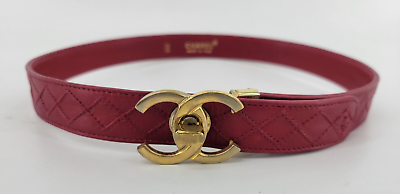CHANEL BELT Women's Red Leather w/ Gold CC Buckle Size 70/28 CHANEL BELT Women's Red Leather w/ Gold CC Buckle Size 70/28