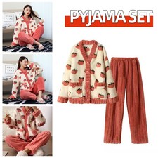 New Womens Cosy Pyjama Set Soft Fleece Button Up Lounge Nightwear Peach Print UK