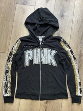 Victorias Secret PINK Y2K Sequin Bling Zip Up Black Hoodie XS