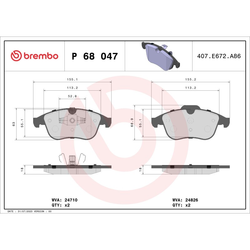 BREMBO P 68 047X Brake Pads Set Front for Laguna Megane Scenic Latitude Clio